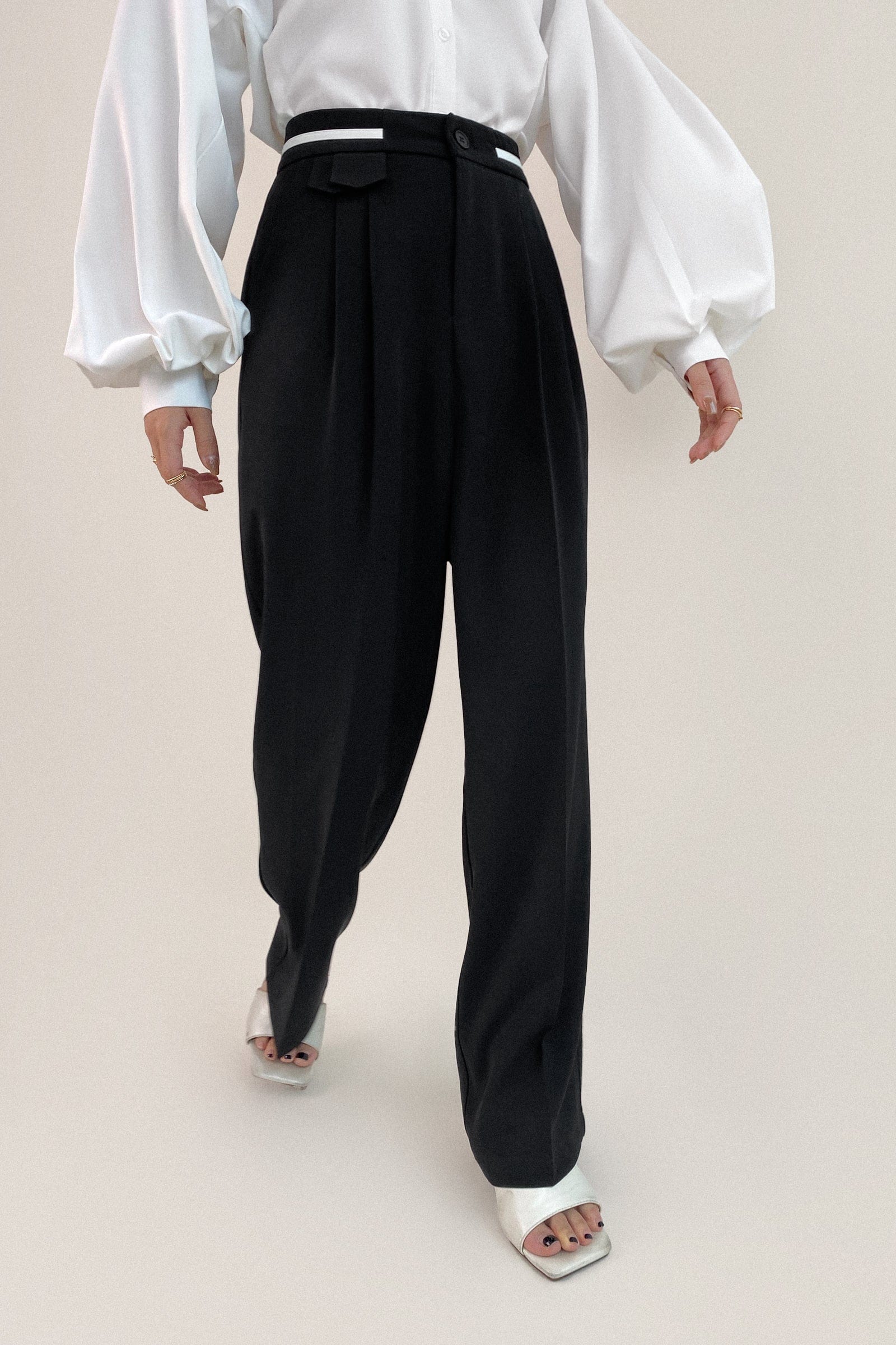 Black Contrast Strap Detail Wide Leg Work Pants