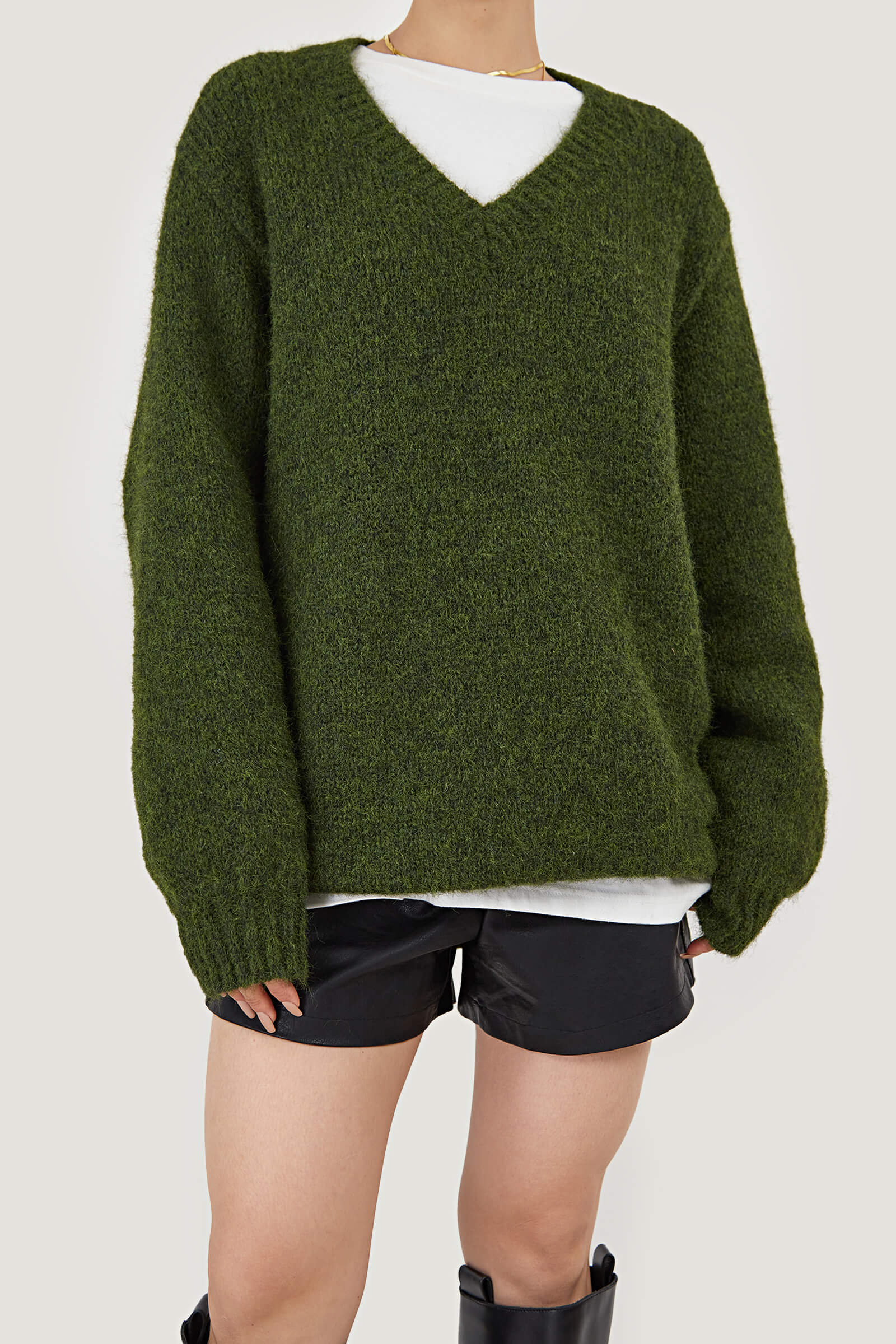 Dark Olive GreenFuzzy Knit V-Neck Oversized Sweater