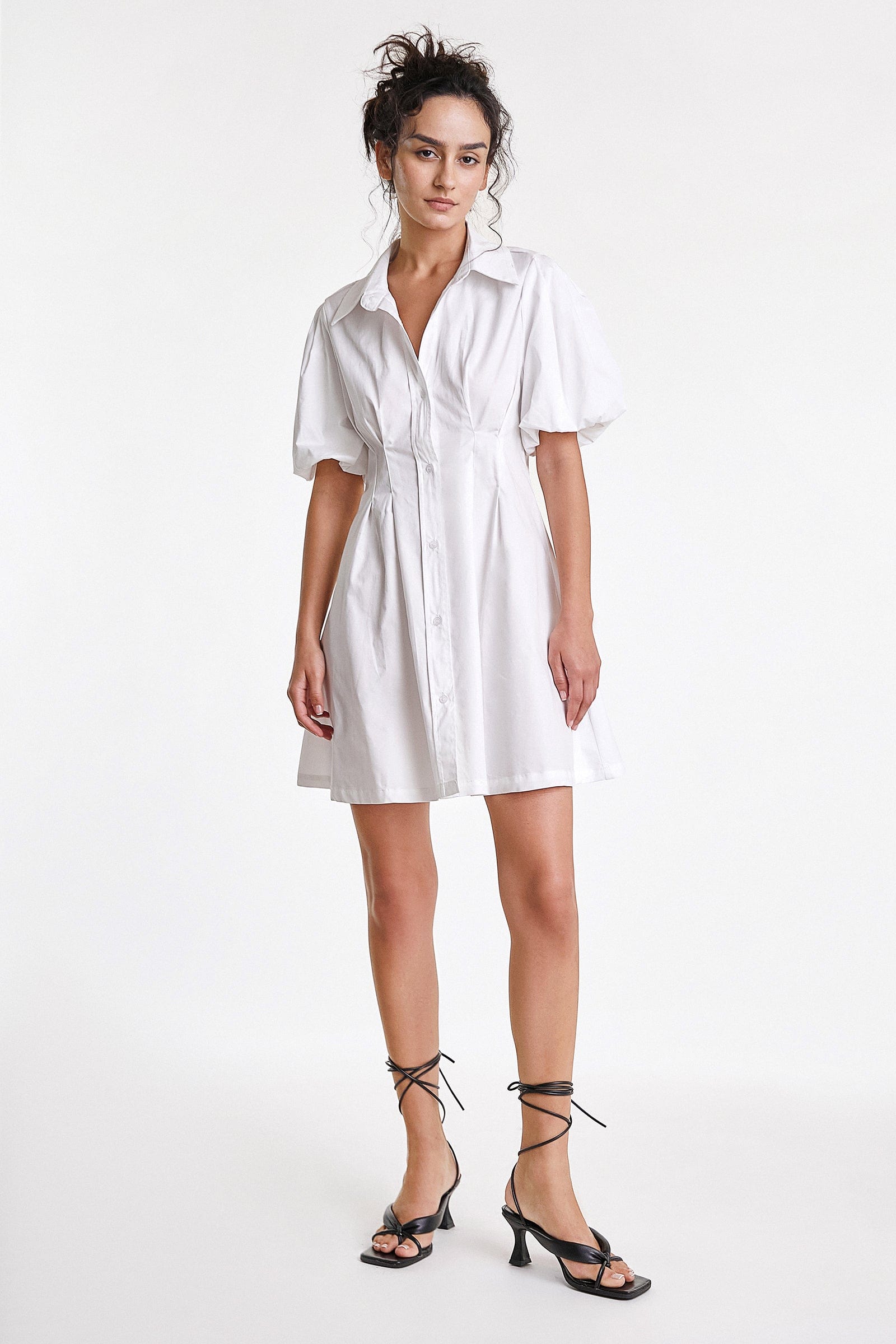 White Fitted Waist Puff Sleeve Shirt Dress