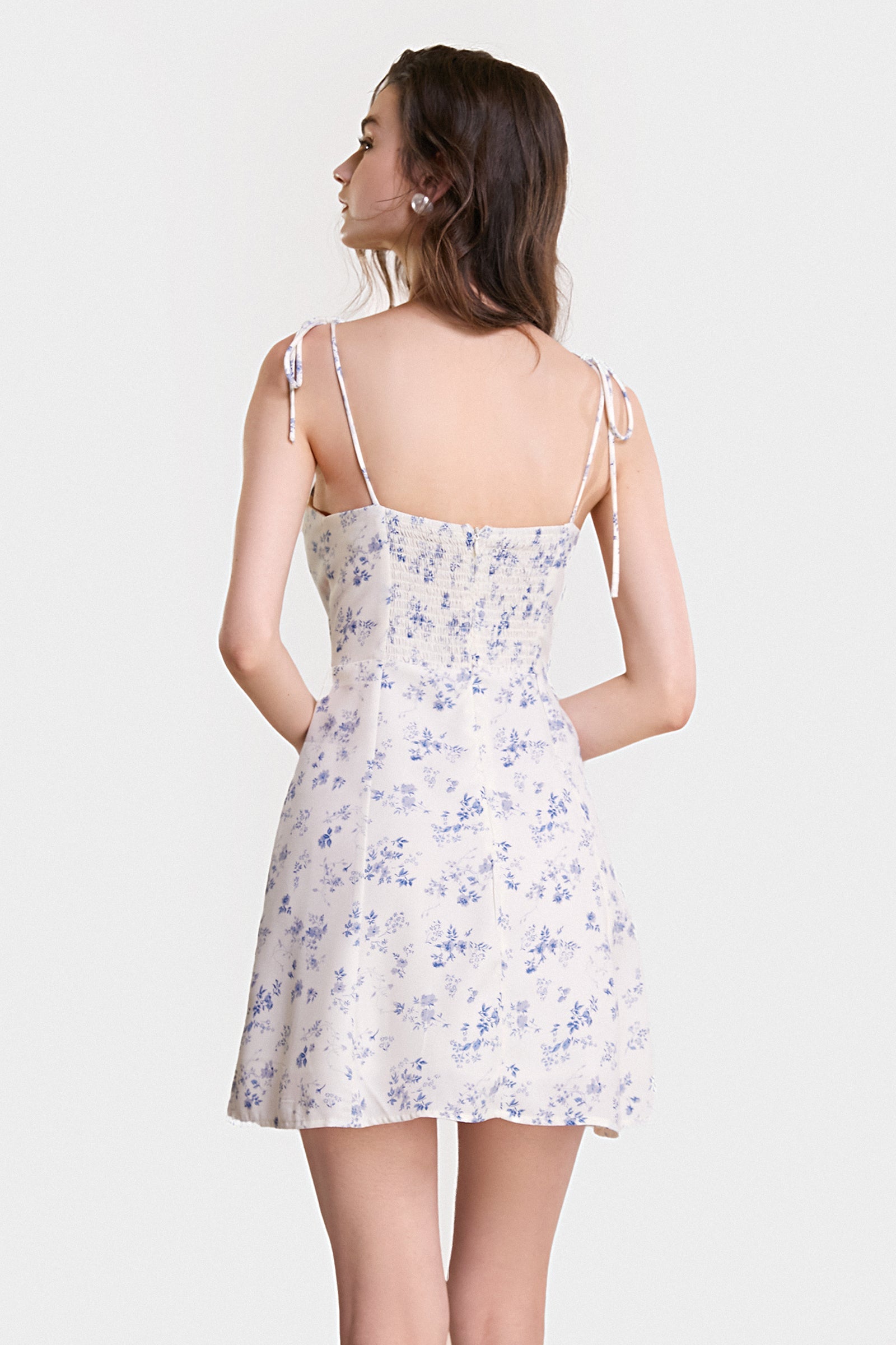 Ivory Floral Print Tie Strap Smocked Detail Mini Dress
