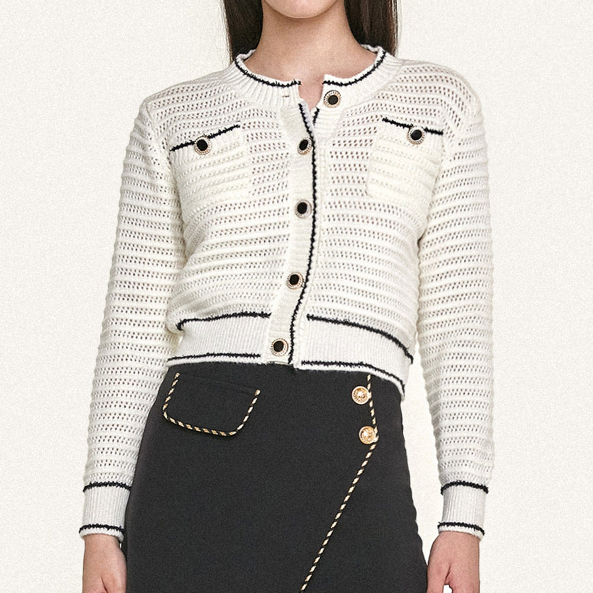 White Contrast Trim Button-Up Pointelle-Knit Cardigan