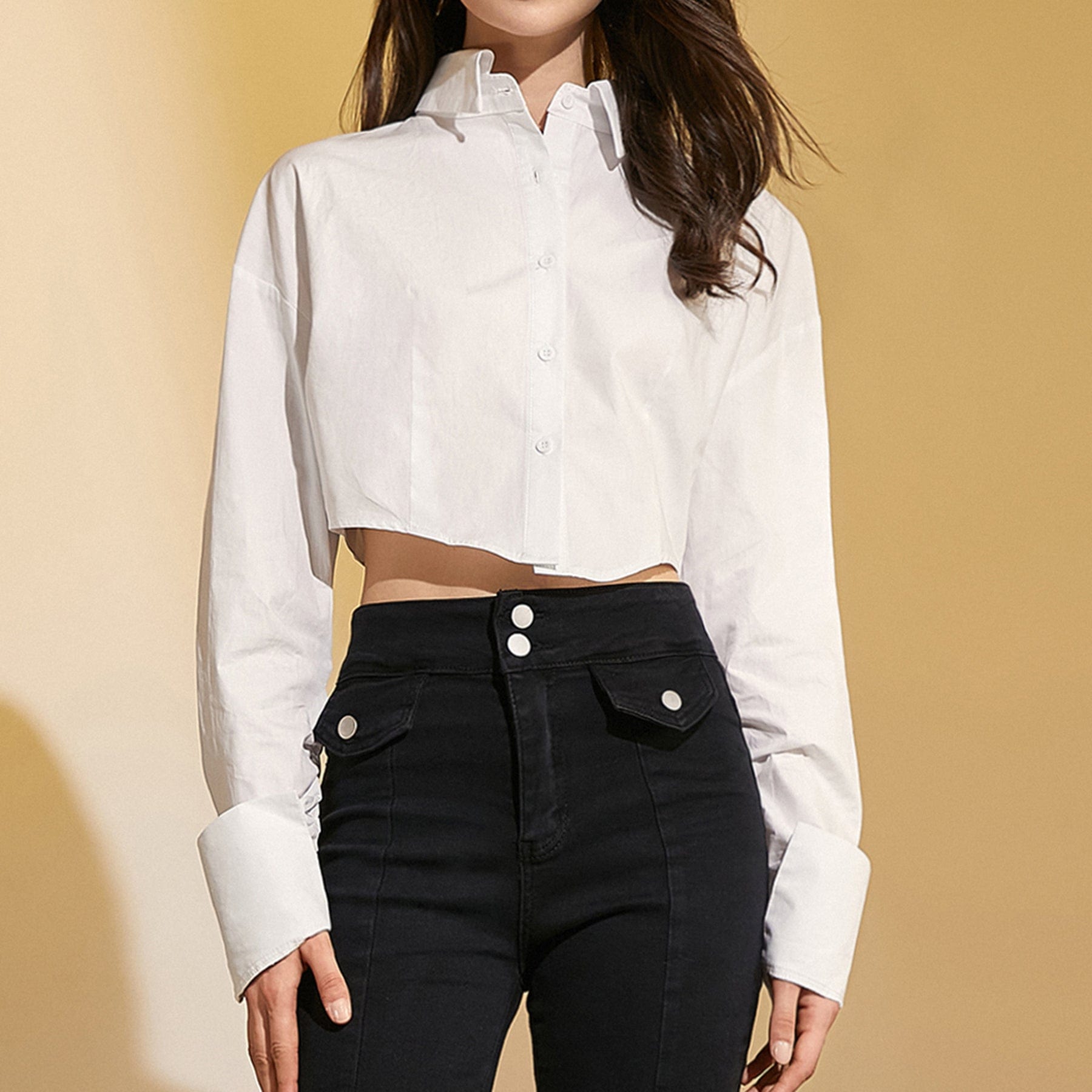 White Cropped Button-Up Lapel Collar Shirt