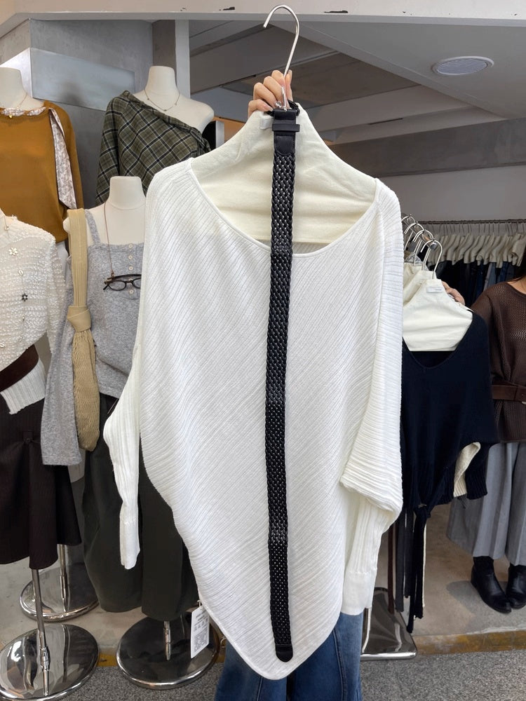 Textured Off-Shoulder Asymmetric Sweater with Belt