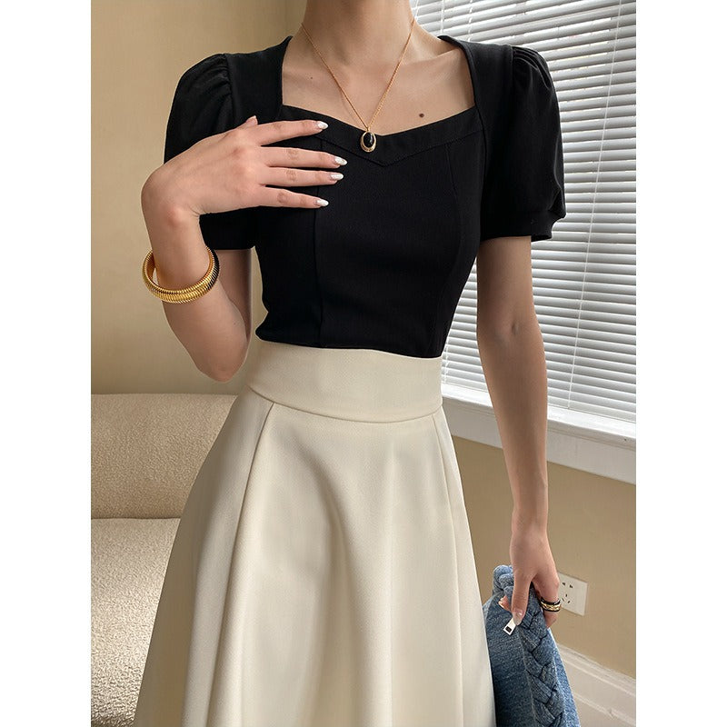 French love square collar bubble short sleeve T-shirt