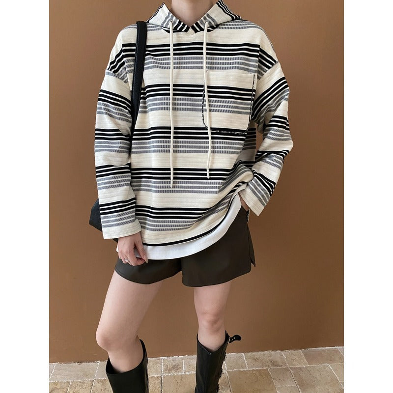 Trendy Contrasting Striped Drawstring Hooded Sweater