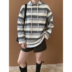 Trendy Contrasting Striped Drawstring Hooded Sweater