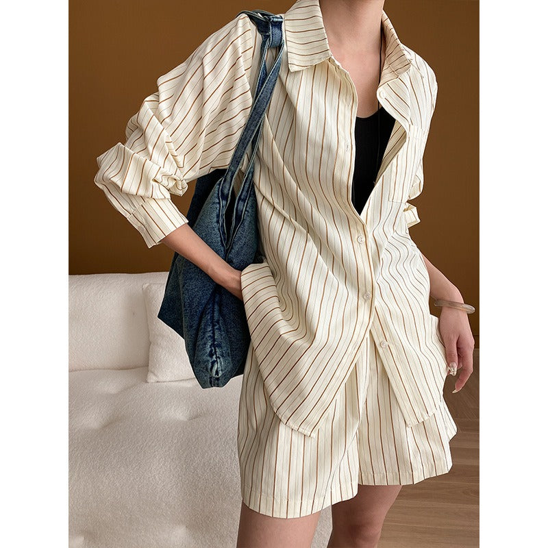 Vertical Striped Shirt Shorts Sunscreen Two-piece Set