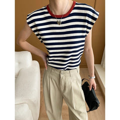 French Layered Striped Small Fly Sleeve Crew Neck Knitted Sweater T-Shirt