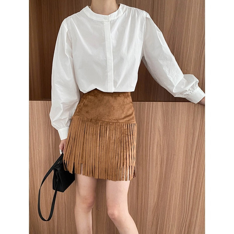 French Retro Round Neck Pleated Loose Long-Sleeved Shirt
