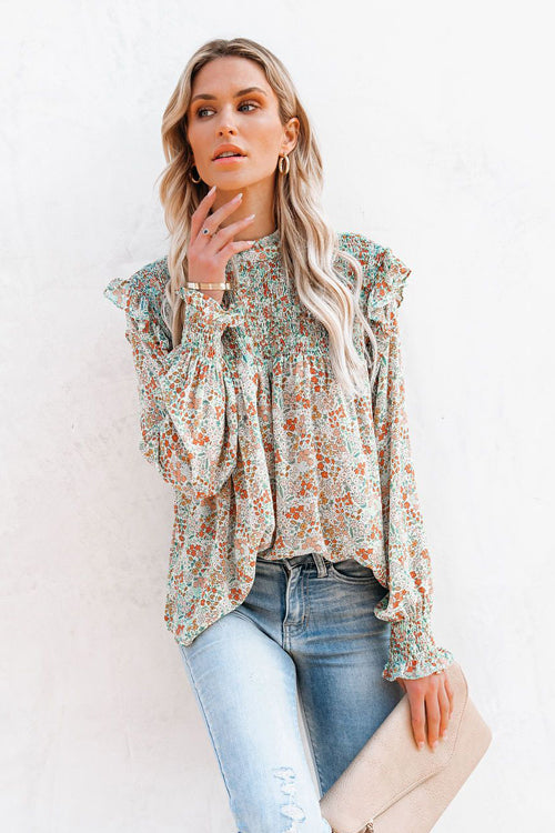 Evermore Floral Print Smocked Ruffle Top - 2 Colors