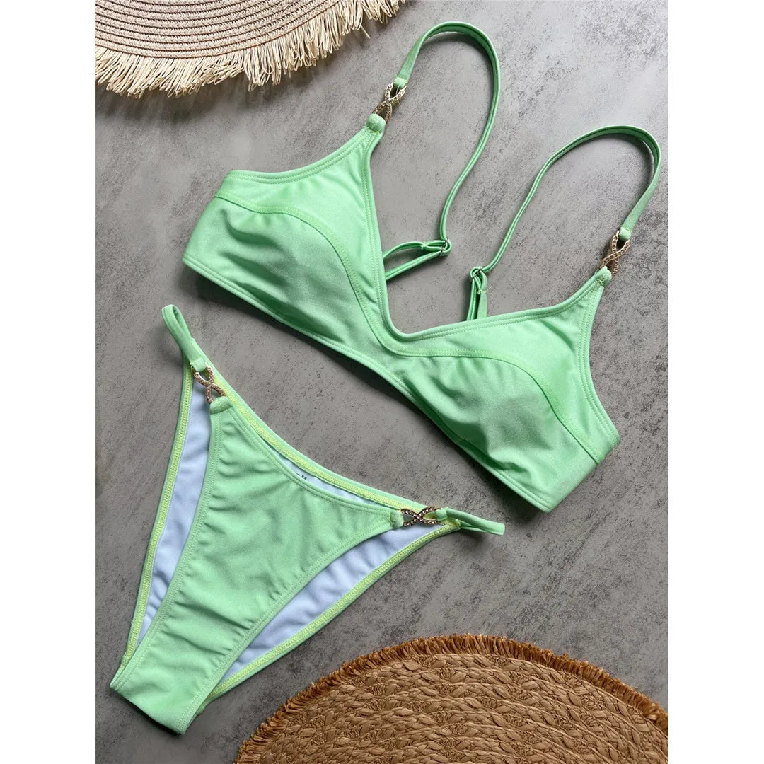 10 Colors V Neck Rhinestones Bikini Two-pieces Bikini Set