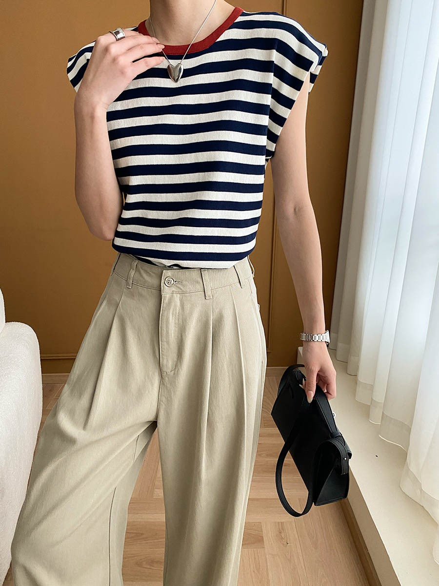 French Layered Striped Small Fly Sleeve Crew Neck Knitted Sweater T-Shirt