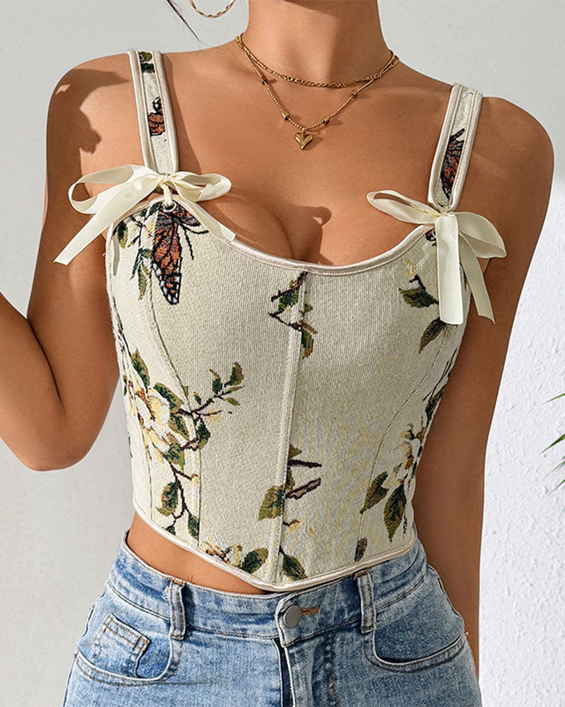 French Style Bow Lace-Up Floral Body Shaper Women's Sling Printed Slim-Fit Vest Corset