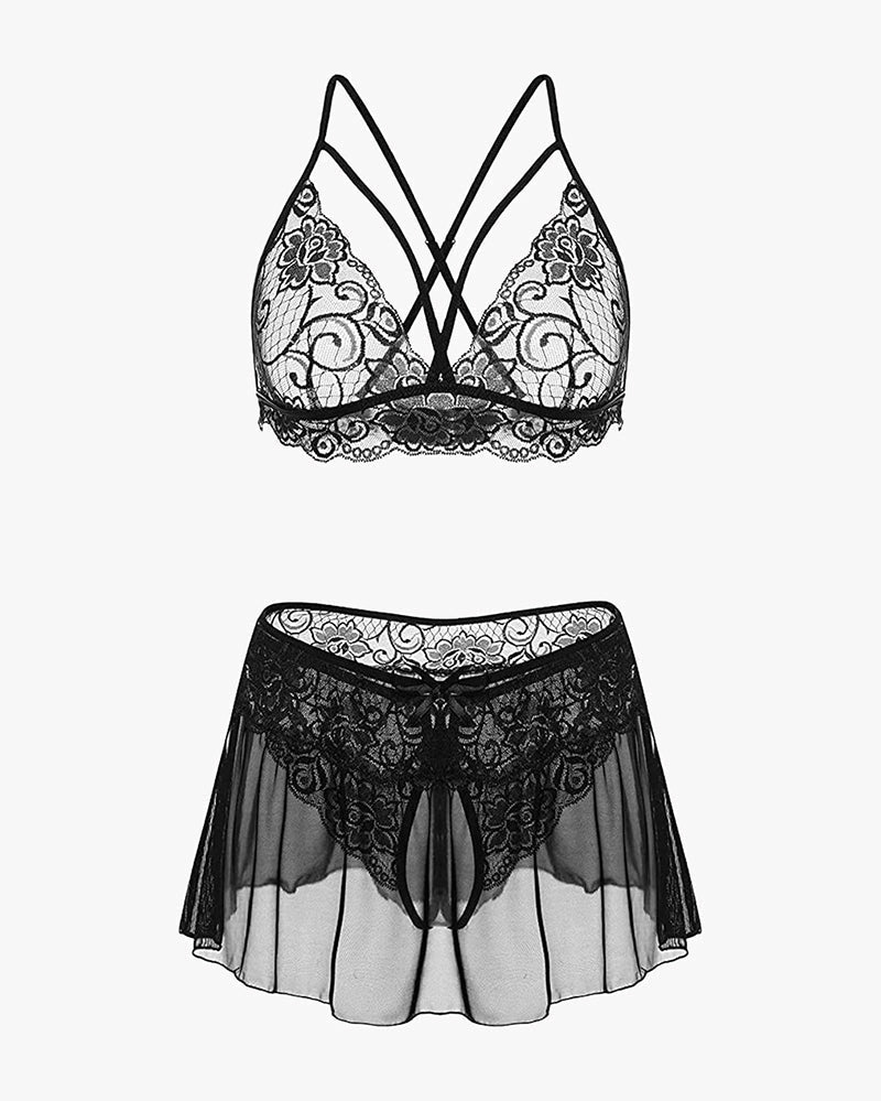 3 Piece Sets Lace Bralette, Skirt with Panty