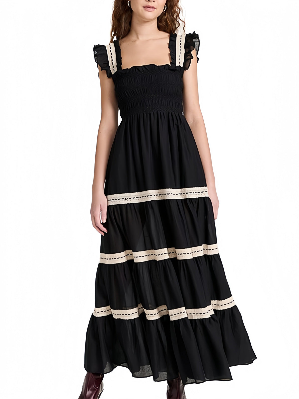 Ruffle Maxi Dress Short Sleeves Square Neck 100% Cotton Maxi Dress