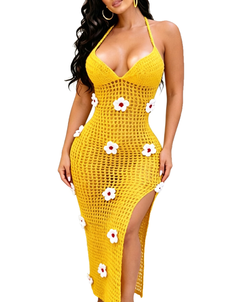 Women's Knitted Crochet Spaghetti Strap Slit Beach Maxi Dress