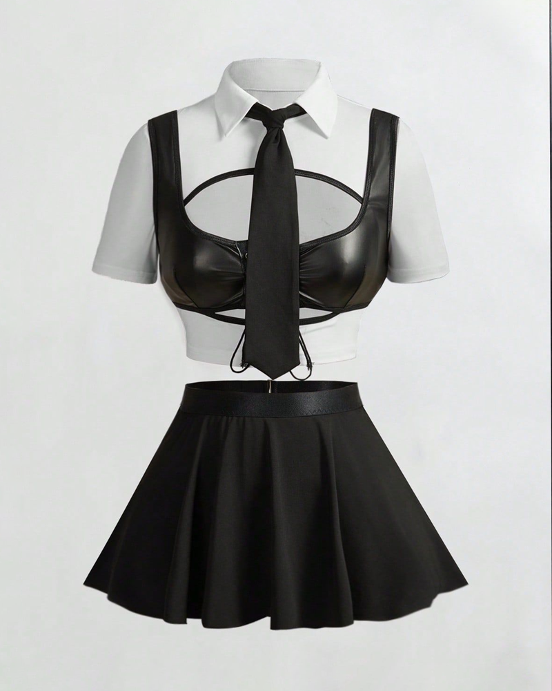 School-Style Costume Faux Leather Patchwork Lingerie Set