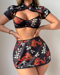 Vintage Chinese Print Sheer Cut-Out Lingerie Set