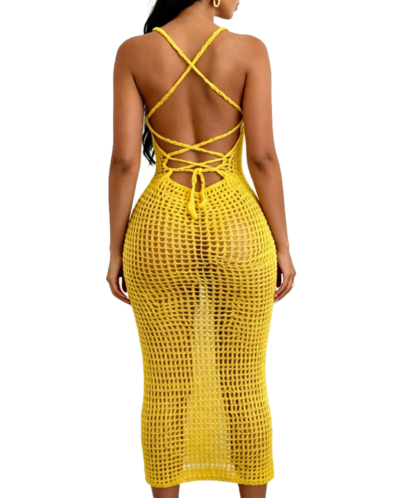 Women's Knitted Crochet Spaghetti Strap Slit Beach Maxi Dress
