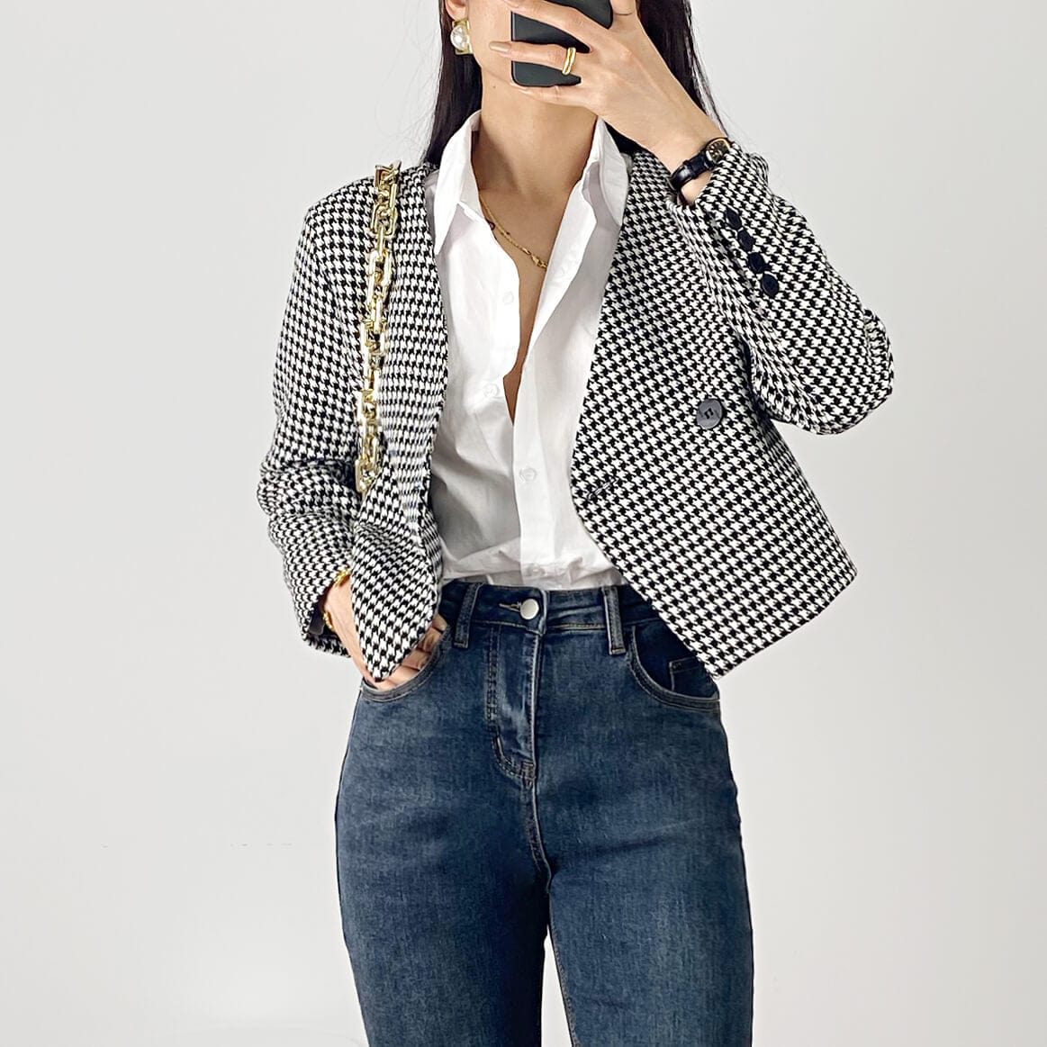 Black Houndstooth V-Neck Double-Breasted Jacket