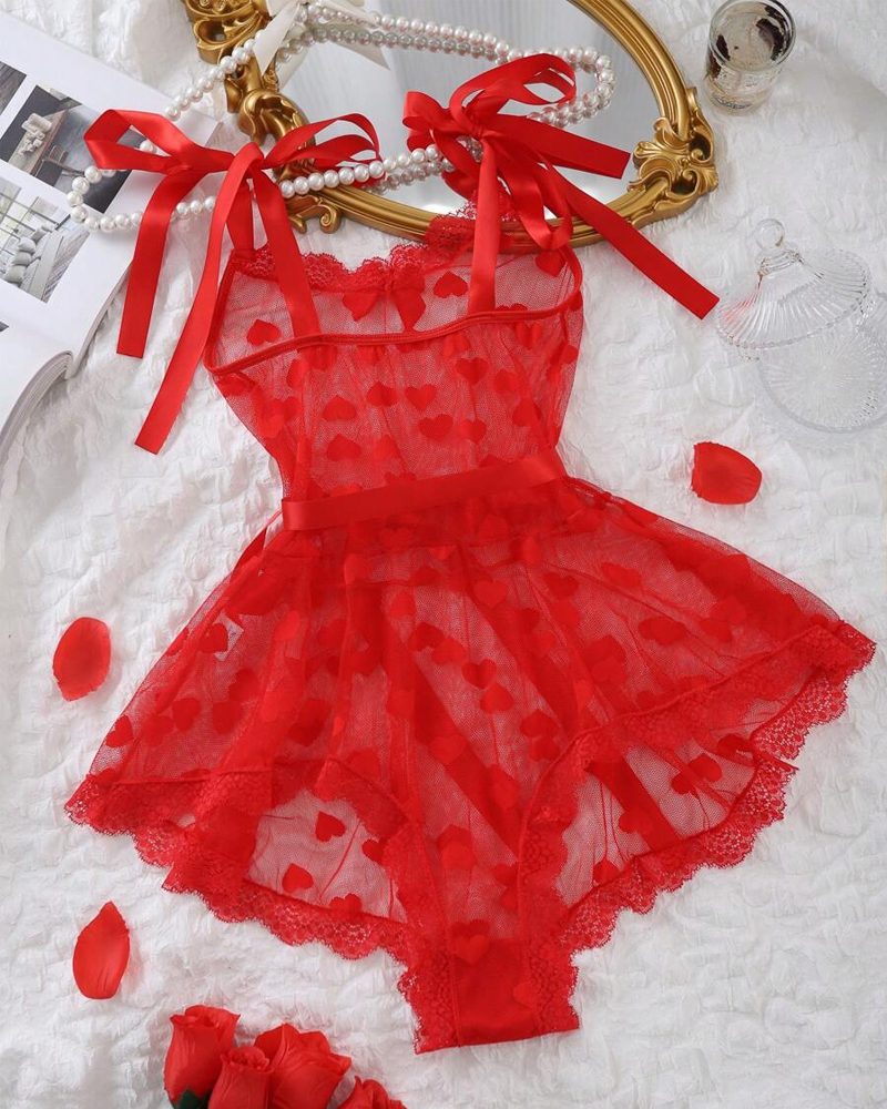 Heart Mesh Lace Waist-Cinching Bodysuit