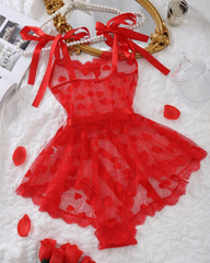 Heart Mesh Lace Waist-Cinching Bodysuit