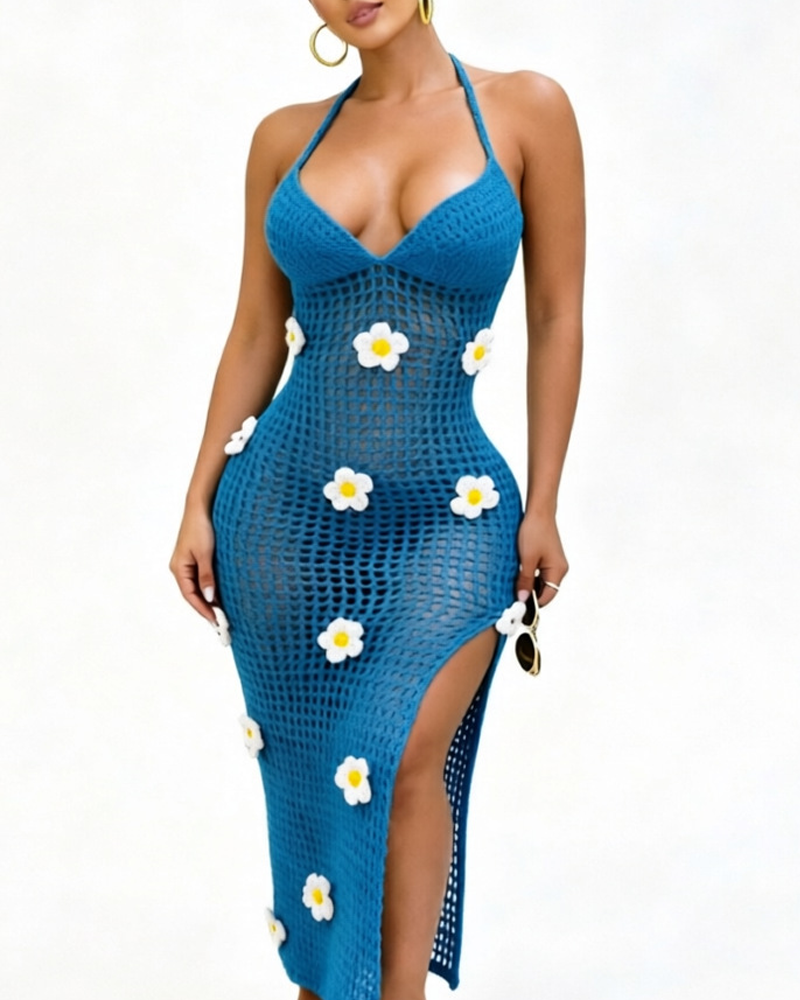 Women's Knitted Crochet Spaghetti Strap Slit Beach Maxi Dress