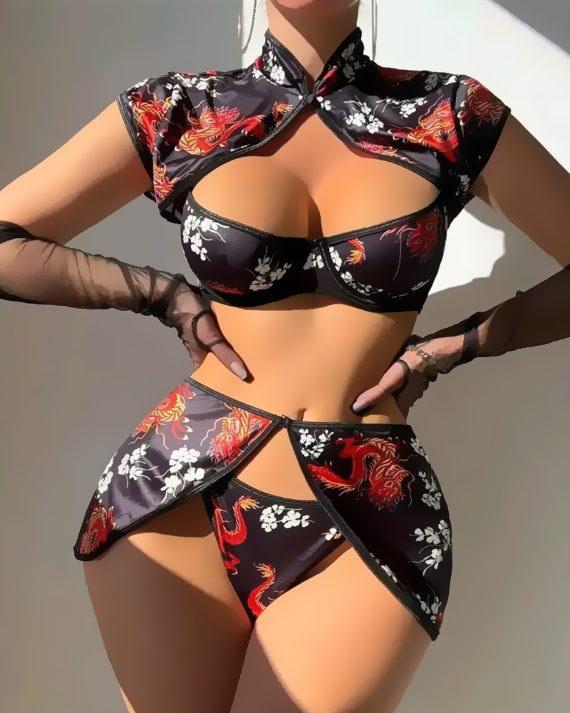 Vintage Chinese Print Sheer Cut-Out Lingerie Set