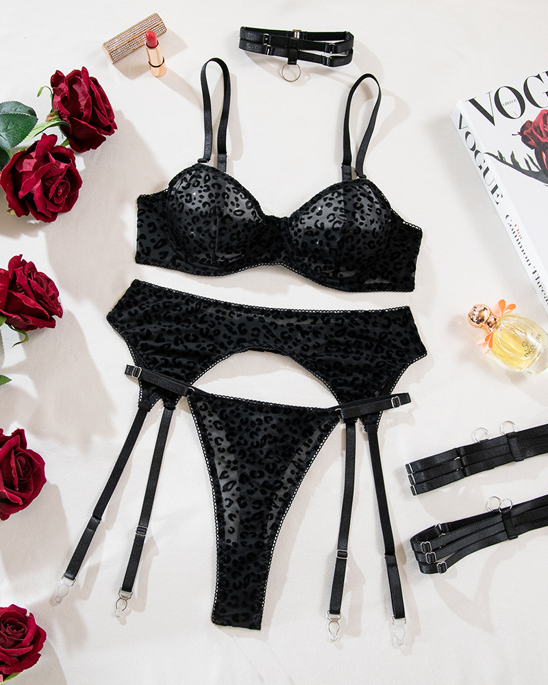 Flocked Leopard Print Sheer Black Mesh Lingerie Set