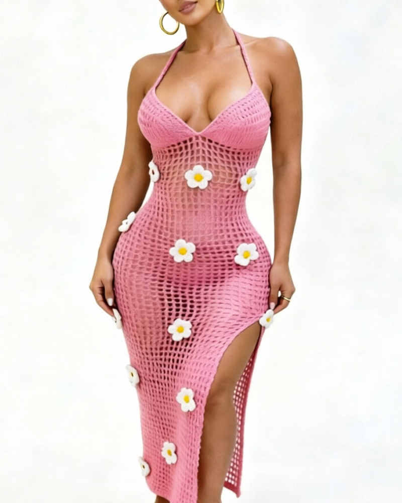 Women's Knitted Crochet Spaghetti Strap Slit Beach Maxi Dress