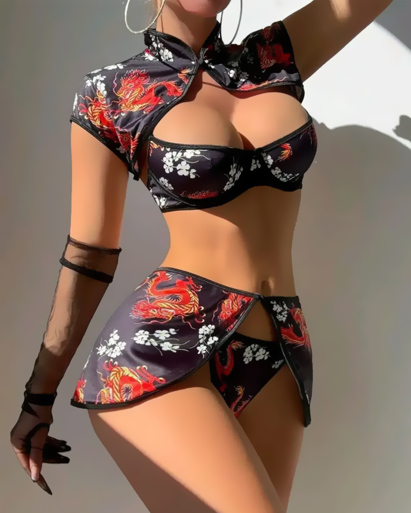 Vintage Chinese Print Sheer Cut-Out Lingerie Set