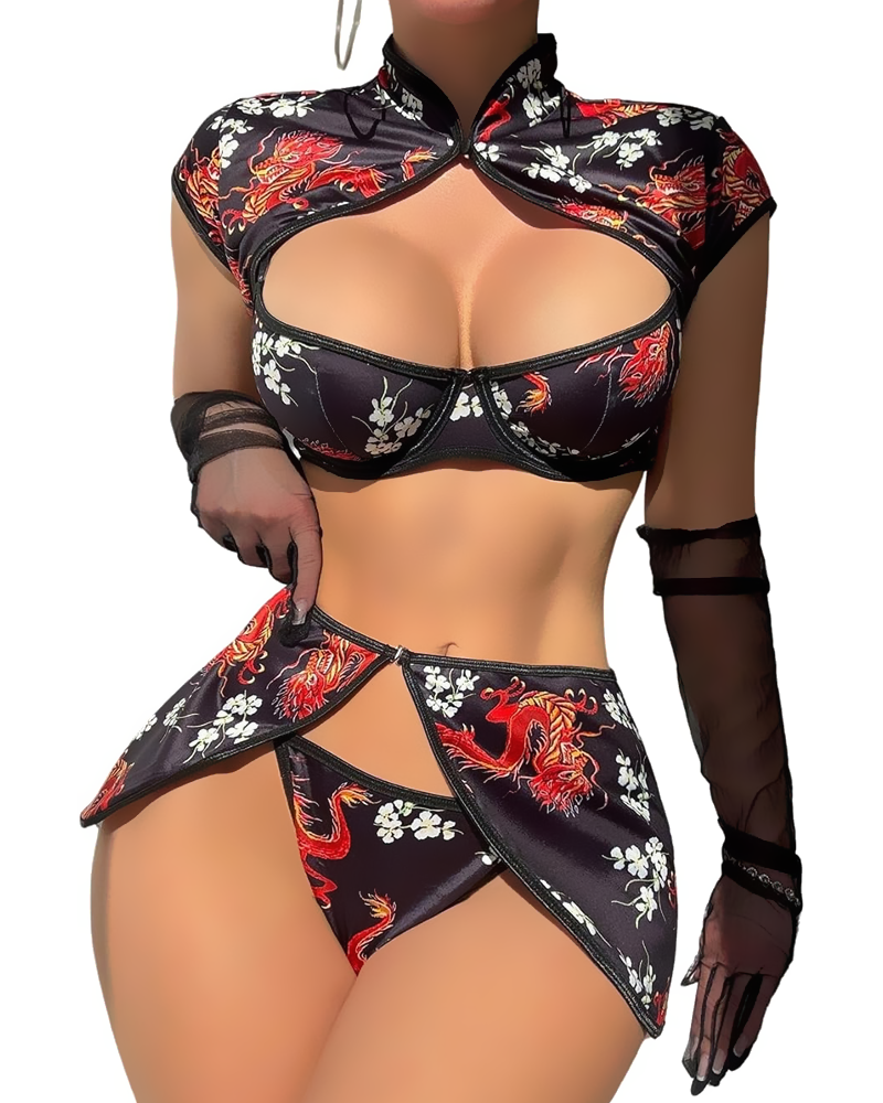 Vintage Chinese Print Sheer Cut-Out Lingerie Set