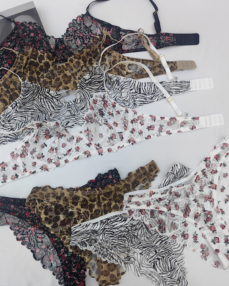 Deep V Printed Ultra-Thin Sheer Lace Bra Set