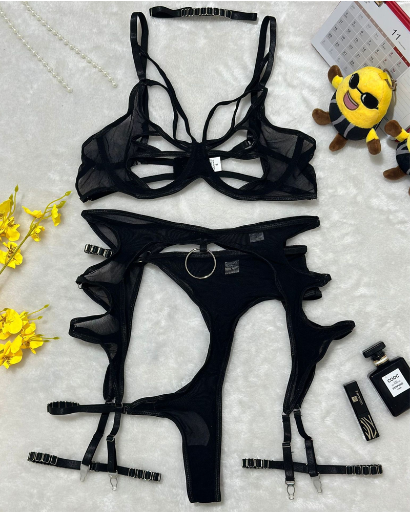 Metal O-Ring Cutout Sheer Mesh Lingerie Set