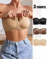 Women's Solid Color/Leopard Print Strapless Bra Scalloped Edge Decorated Front Buckle Non-Steel Ring Lift-Up Bra