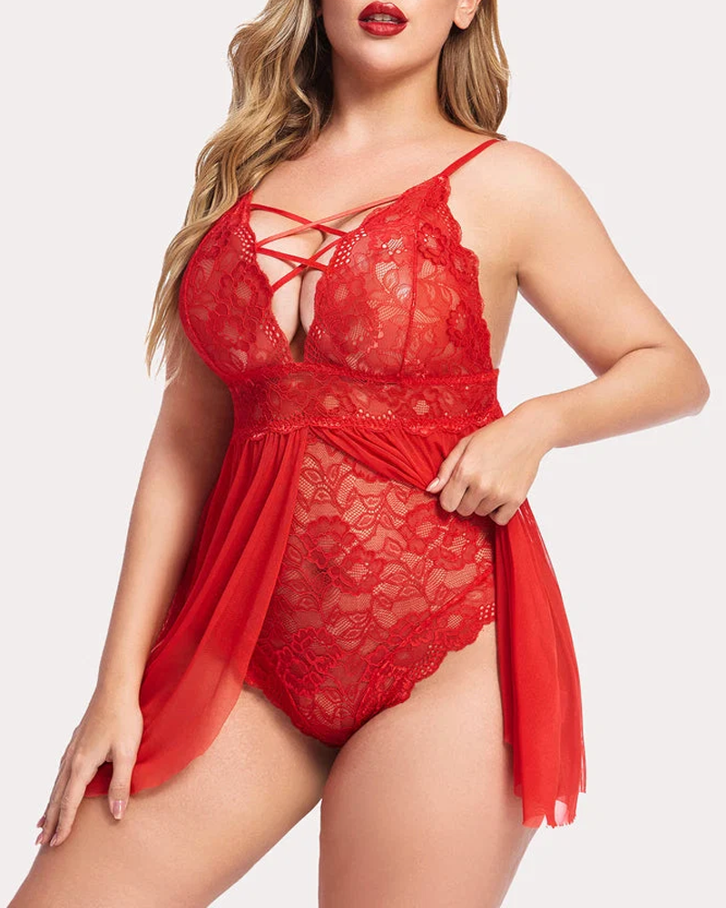 Plus Size Lace Teddy with Crisscross Front Straps