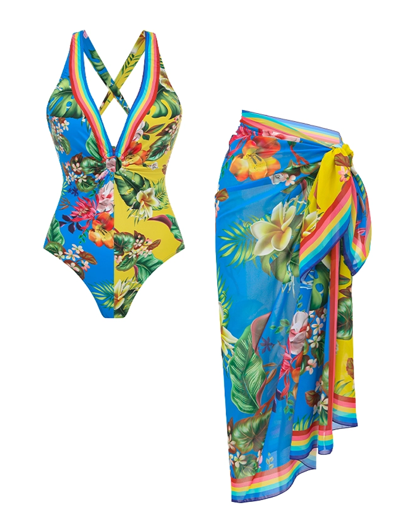 V Neck Color Block Printed Swimsuit Set