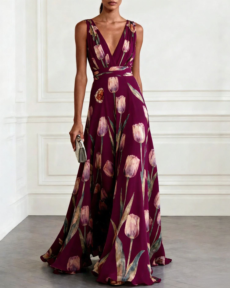 Tulip Print Chiffon Sleeveless V-Neck Maxi Dress