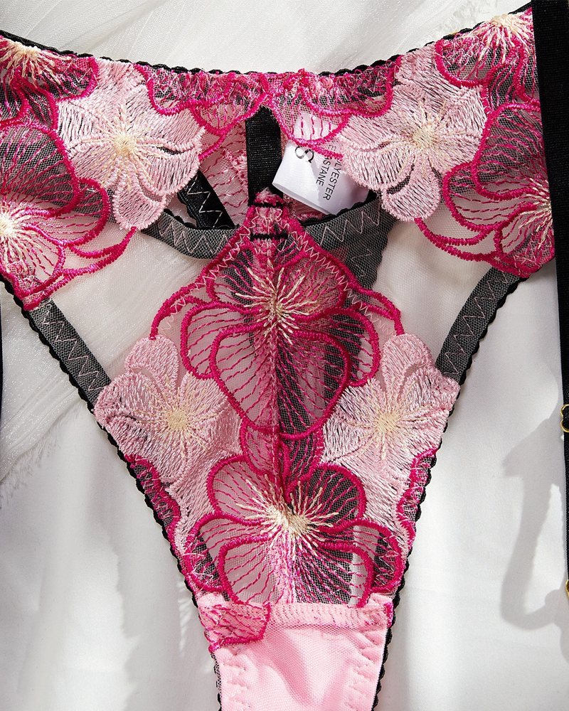 Deep-V Shaping Sheer Floral Embroidered Lingerie Set