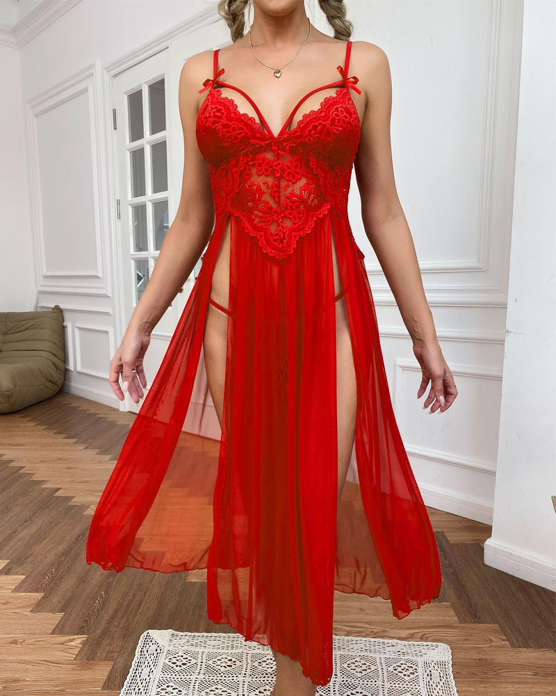 Sheer Mesh Deep V-Neck Lace Side Slit Slip Dress