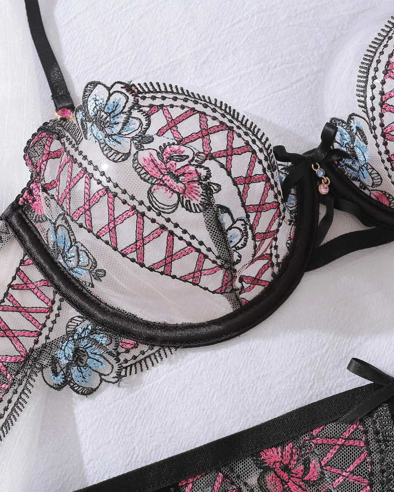 Floral Embroidered Lace Lingerie Set