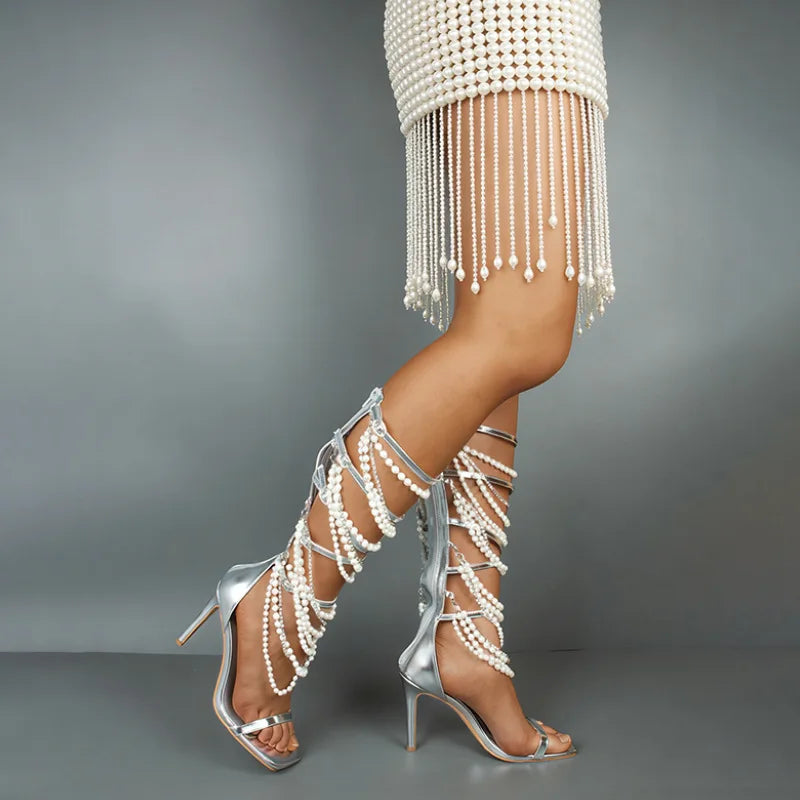 10cm Women's Pumps and Heels Designer Beading Back Zipper Women's Sandals Open-toed Stiletto Pearl Women's Shoes