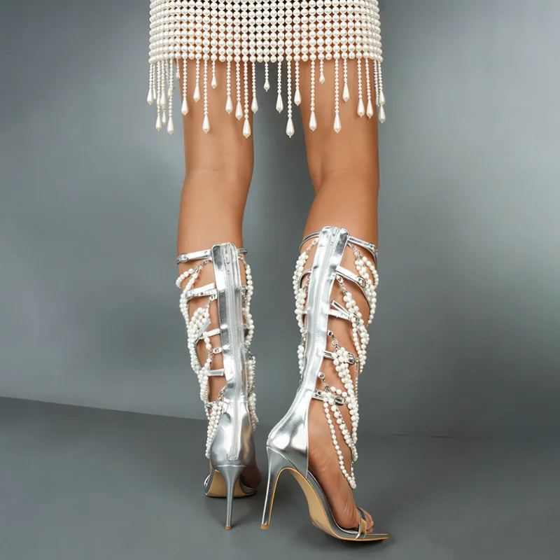 10cm Women's Pumps and Heels Designer Beading Back Zipper Women's Sandals Open-toed Stiletto Pearl Women's Shoes
