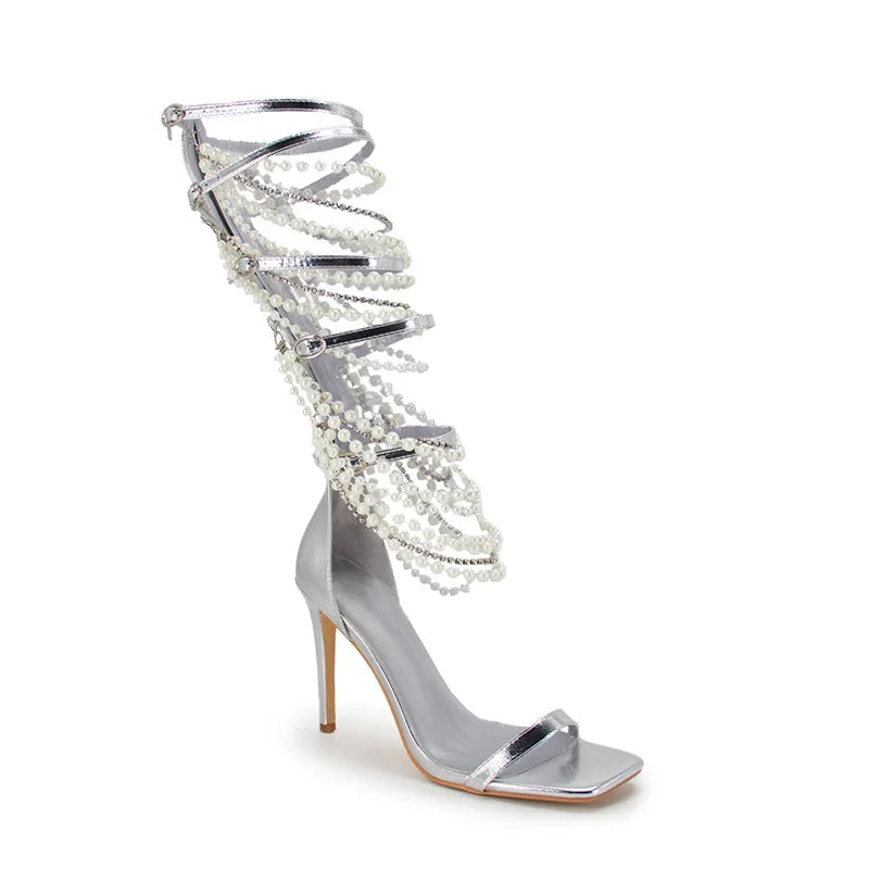 10cm Women's Pumps and Heels Designer Beading Back Zipper Women's Sandals Open-toed Stiletto Pearl Women's Shoes