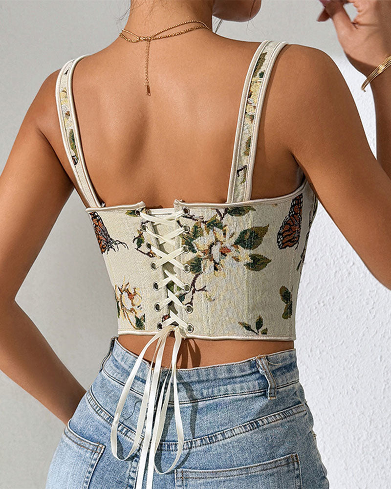 French Style Bow Lace-Up Floral Body Shaper Women's Sling Printed Slim-Fit Vest Corset