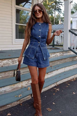Chic Vibe Denim Sleeveless Two-Piece Suit