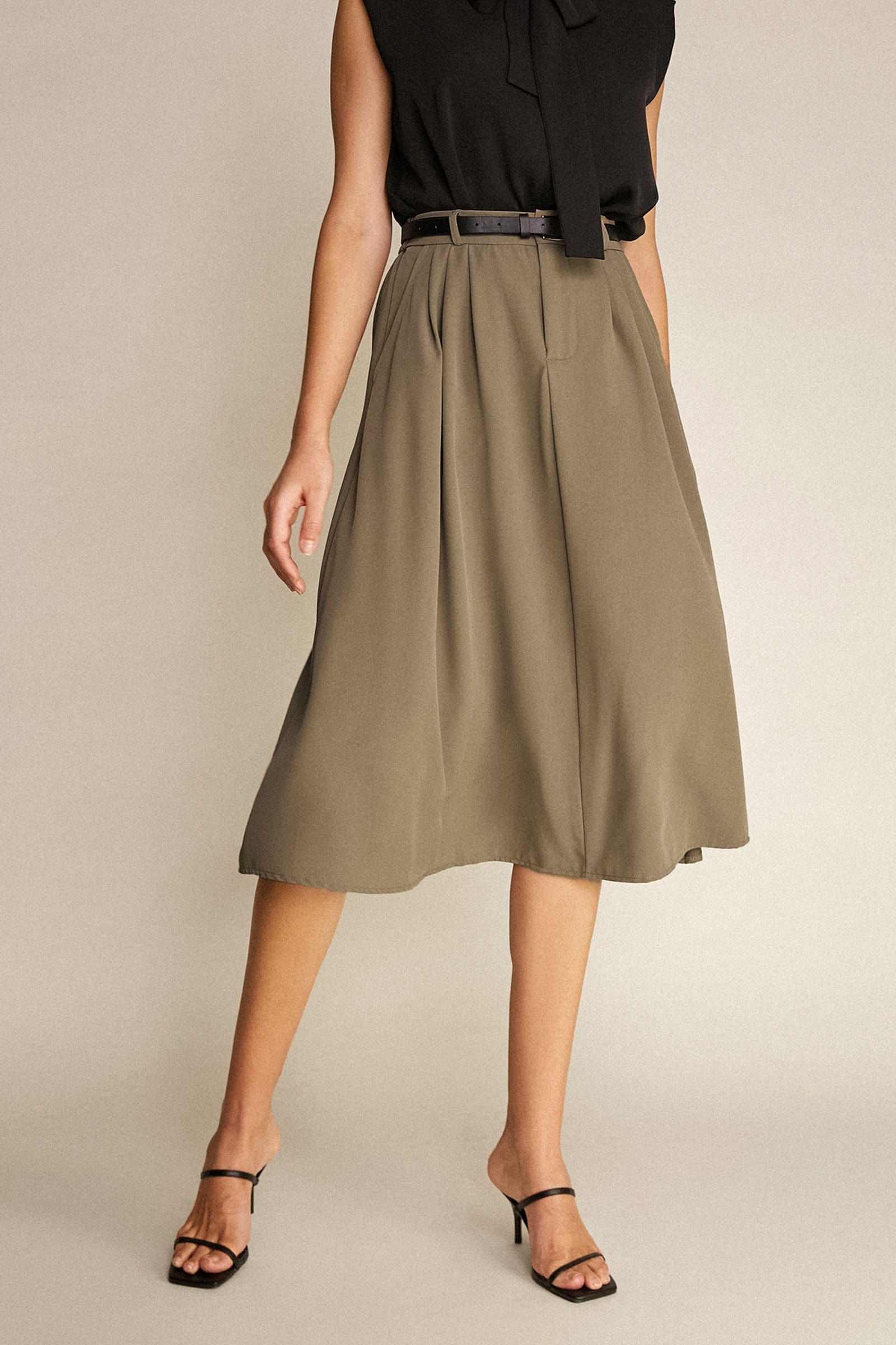 Tan Belted Pleat Detail Midi Skirt