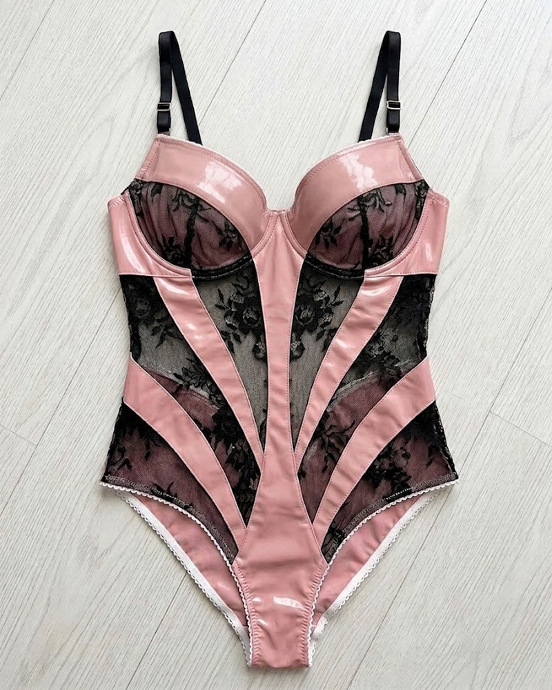 Faux Leather Lace Patchwork Sheer Teddy Bodysuit
