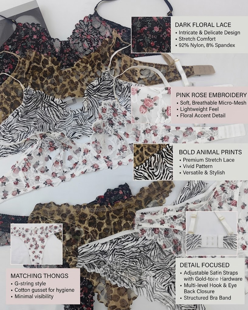 Deep V Printed Ultra-Thin Sheer Lace Bra Set