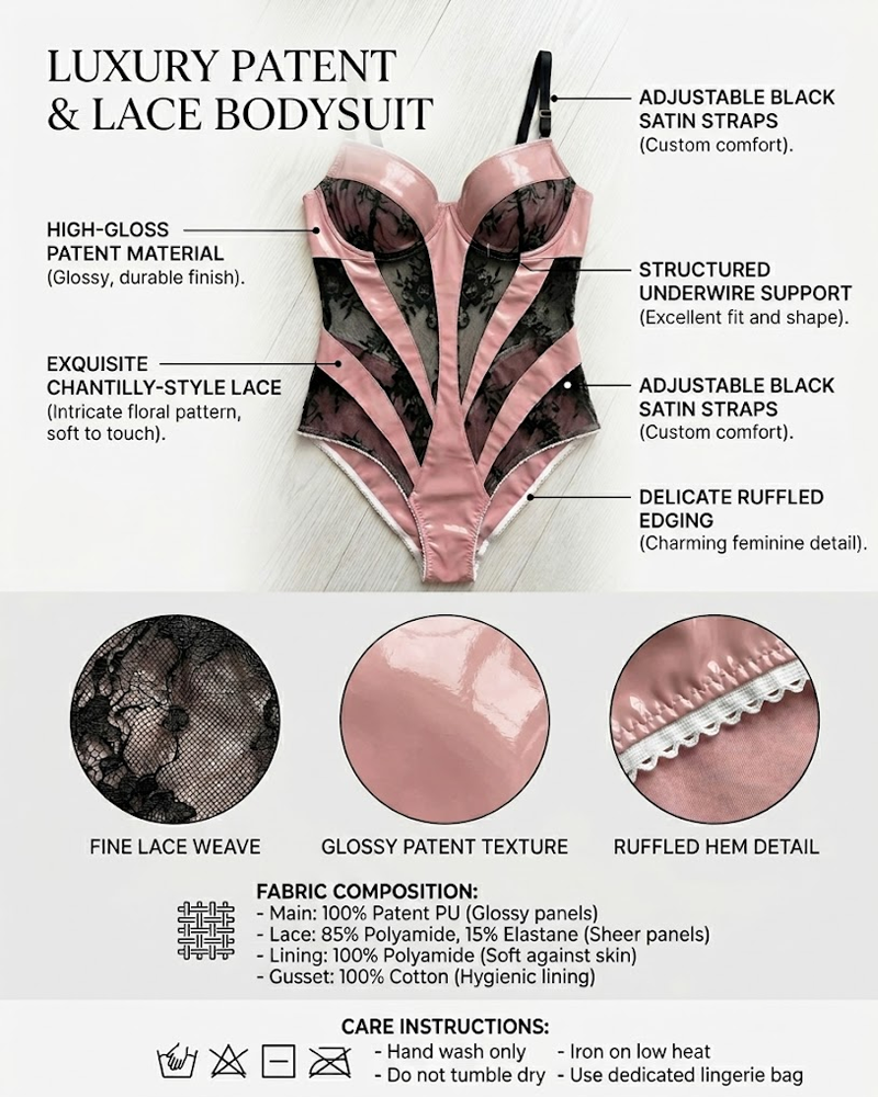 Faux Leather Lace Patchwork Sheer Teddy Bodysuit